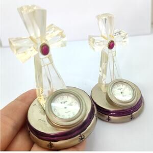 Pair Vintage Elgin Clear Cross Clock 3" Miniature Home‎ Decor (NEEDS BATTERY)